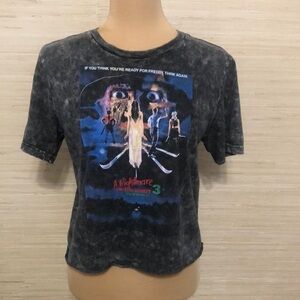 Women's Black Acid Wash A nightmare on Elm Street Horror Graphic Cropped Tee Sm
